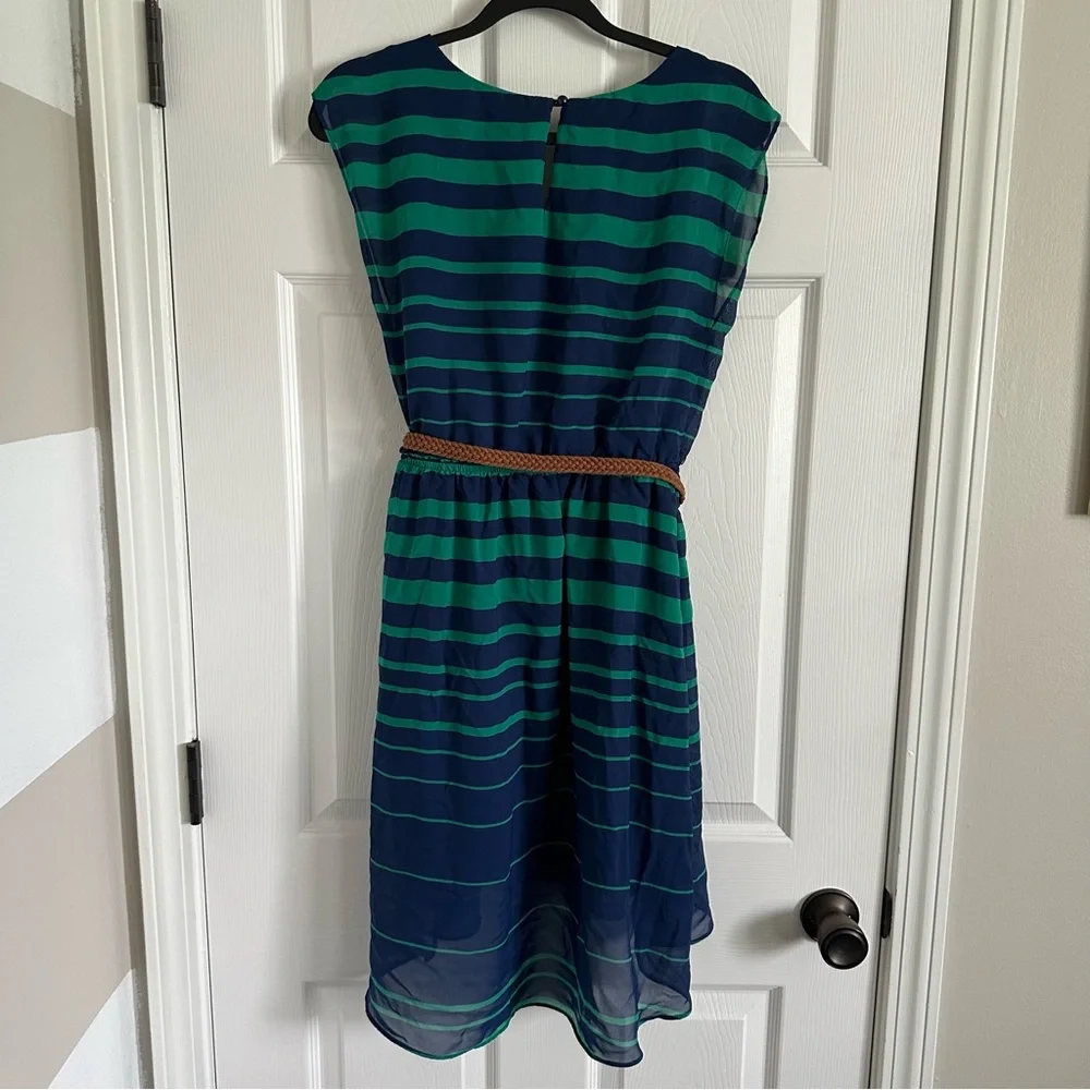 Junior’s Striped Dress with Belt - Navy/Green - Medium - Picture 3 of 7